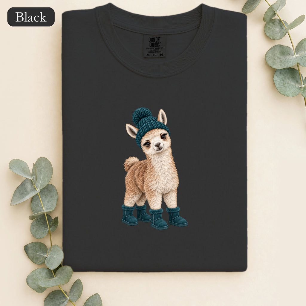 Cute Baby Lama in Beanie and Boots Shirt | Cozy Dog Graphic