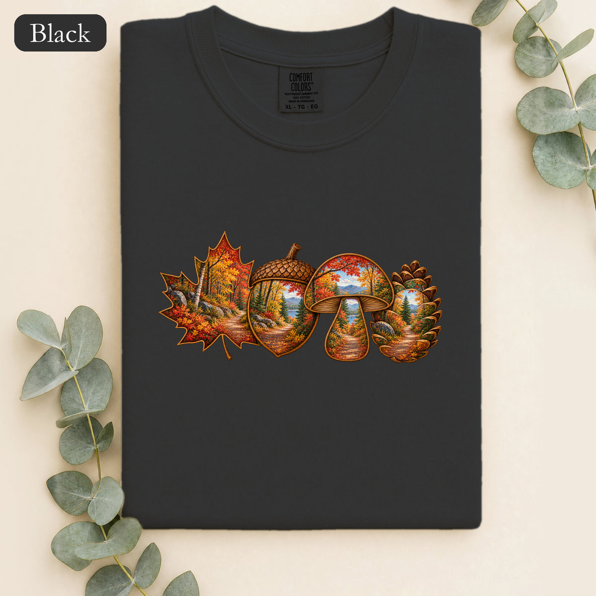 Autumn Lake Scene on Maple Leaves Shirt | Fall Landscape Tee