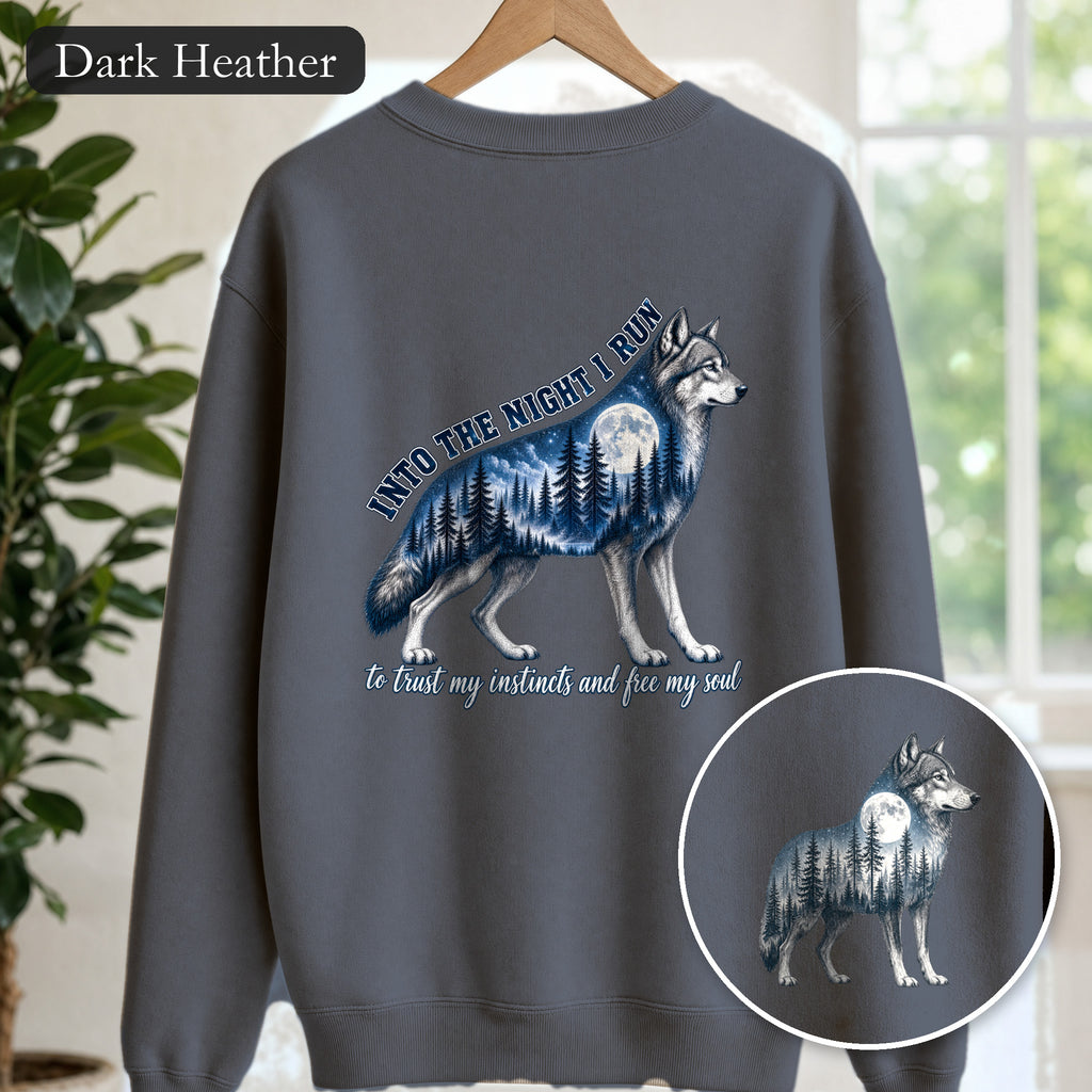 Into the Night I Run Shirt, Wolf Double Exposure Tee, Moonlit Forest Wild Spirit Gift, Woodland Nature Sweatshirt