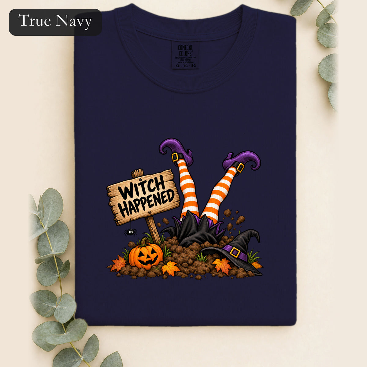 Witch Happened legs up in graveyard Shirt | Halloween witch pumpkin witch design