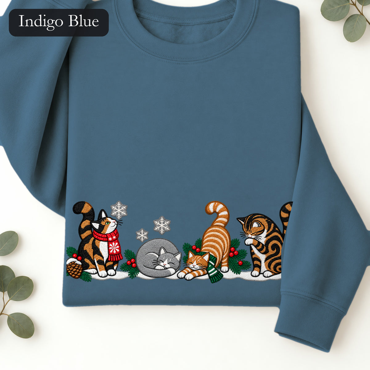 Embroidered Winter Cats Crewneck Sweatshirt | Cozy Christmas Cat Lineup in Scarves, Cat Lover Holiday Gift