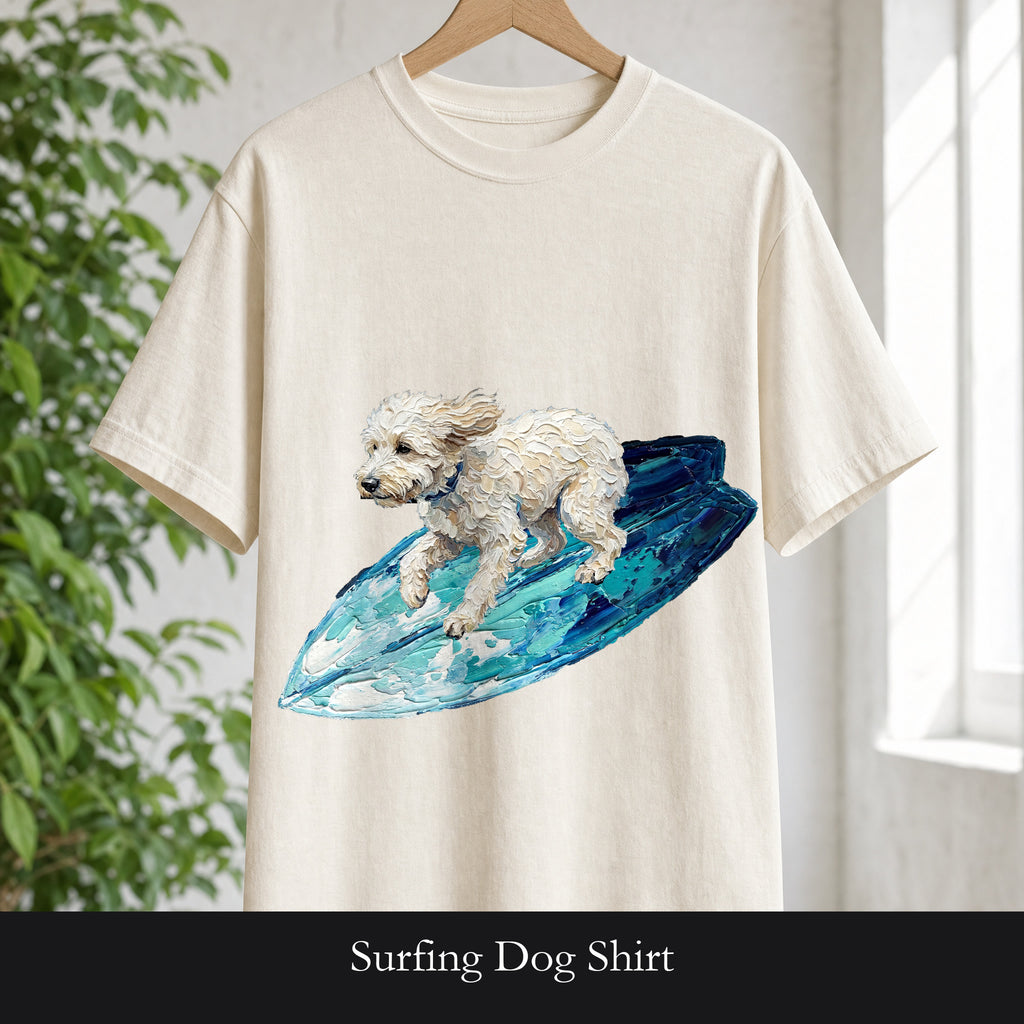 Surfing Dog Shirt, Painterly Surf Dog Tee, Beach Coastal Dog Lover Gift, Summer Ocean Dog Mom Sweatshirt