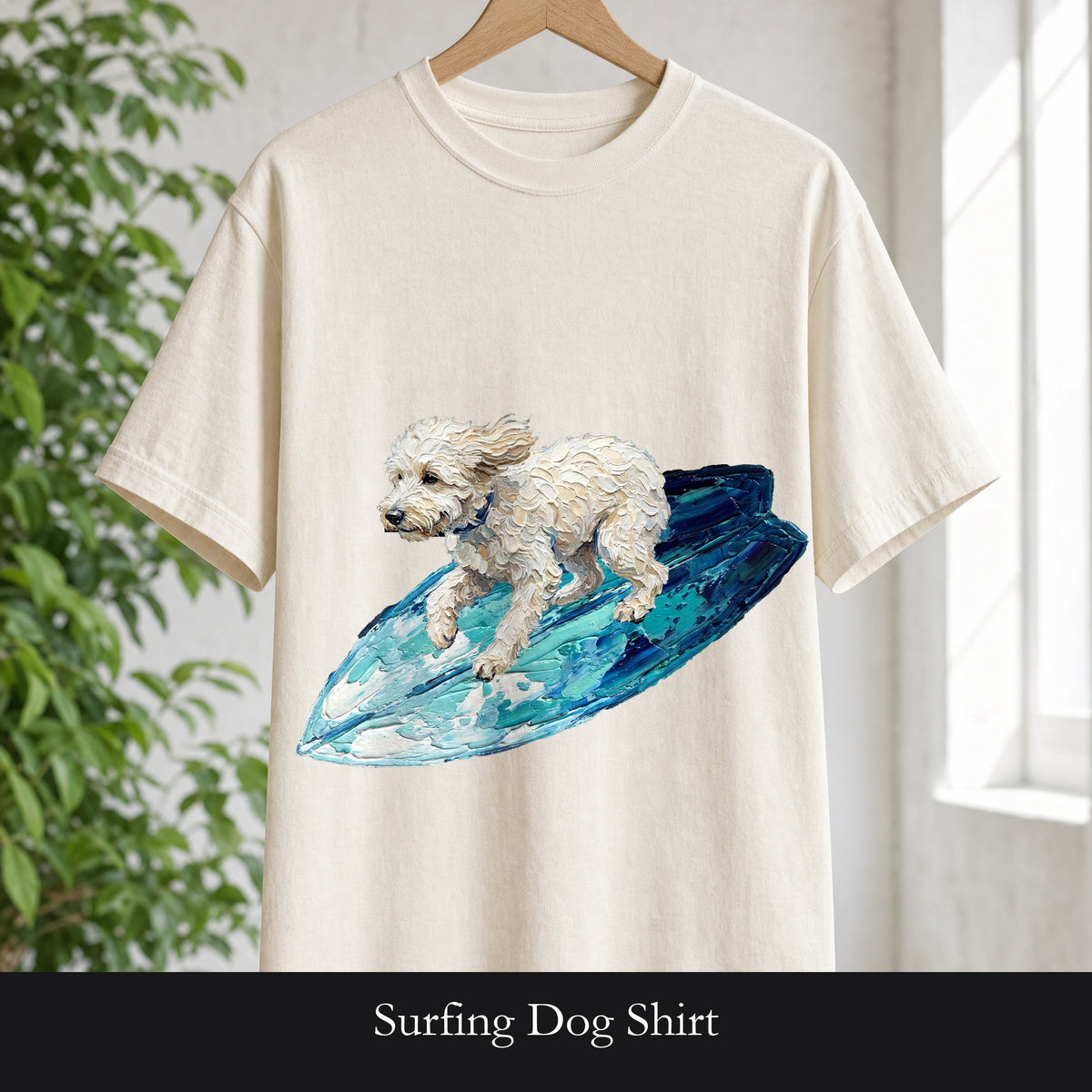 Surfing Dog Shirt, Painterly Surf Dog Tee, Beach Coastal Dog Lover Gift, Summer Ocean Dog Mom Sweatshirt