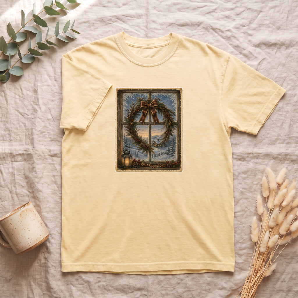 Winter Wreath Window Scene Shirt | Vintage Holiday Postcard