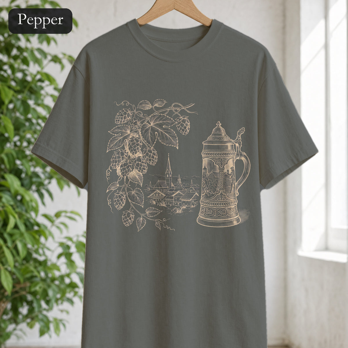 Vintage Beer Stein Illustration Shirt | Hops Vine Scenic Design