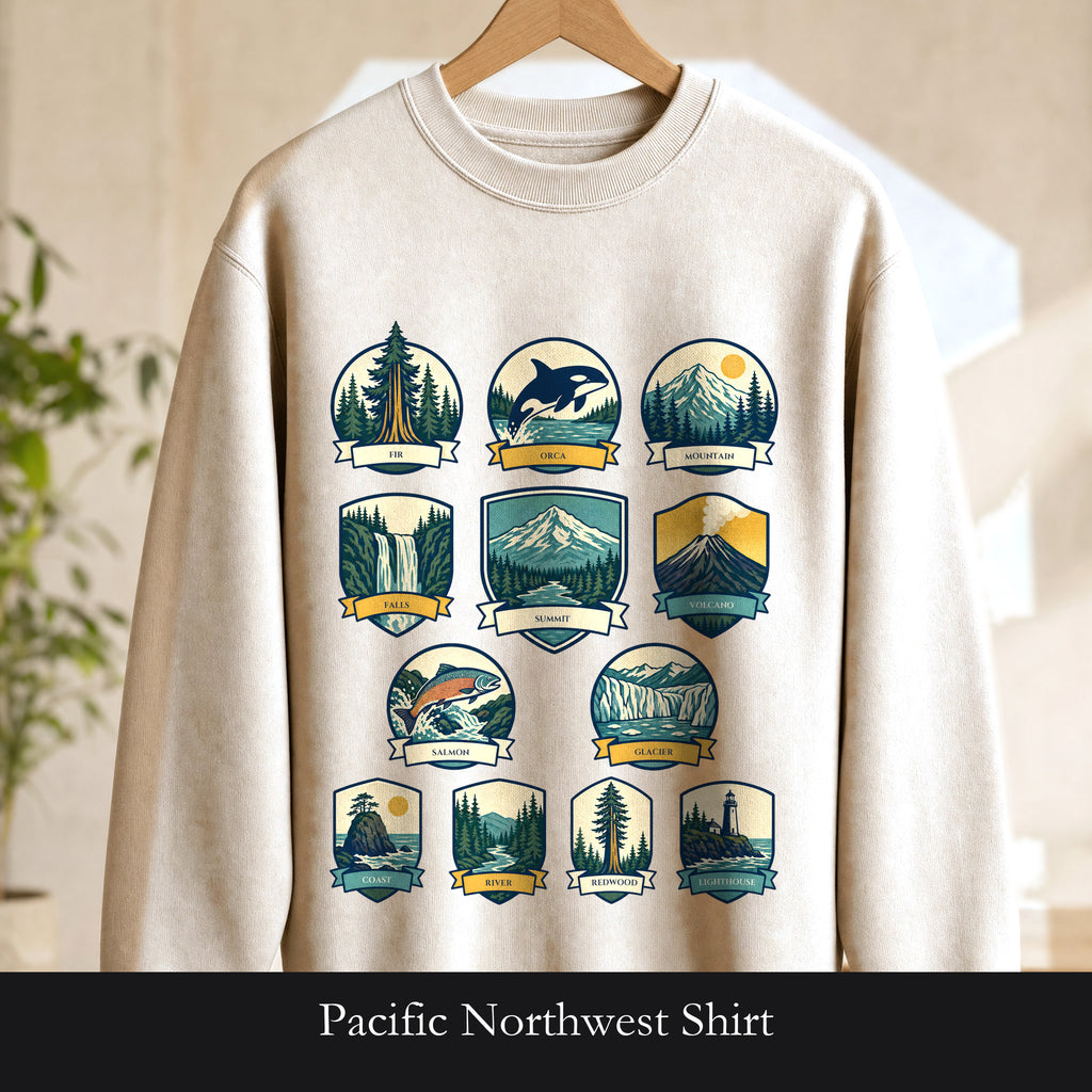 Pacific Northwest Shirt, PNW National Parks Badge Tee, Hiking Camping Gift, Retro Outdoor Adventure Sweatshirt