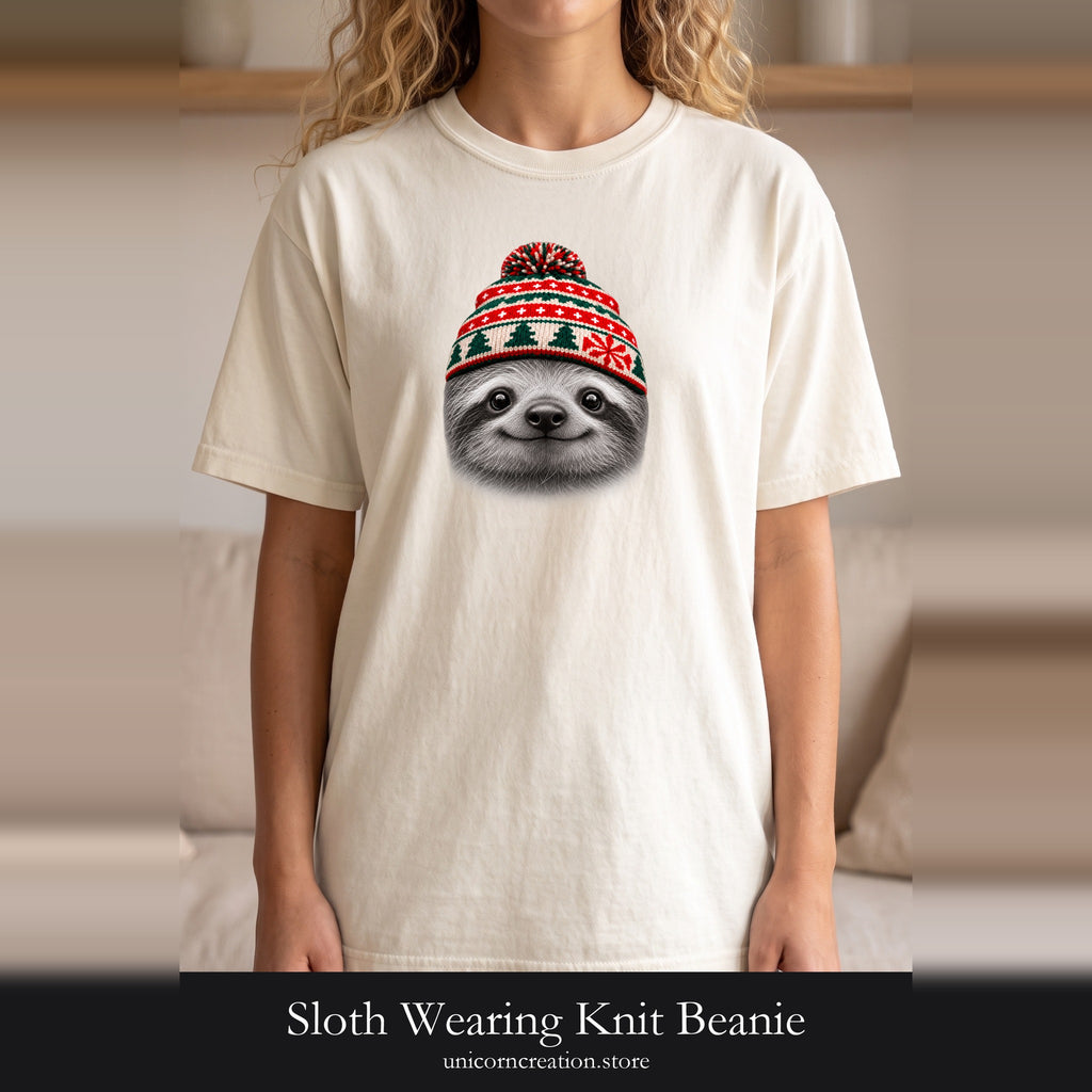 Sloth Wearing Knit Beanie | Cozy Winter Animal Tee