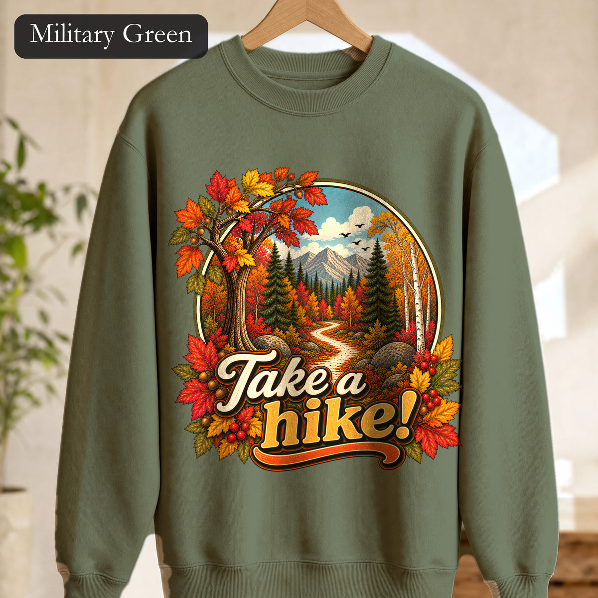 Take a Hike! retro mountain scene Crewneck Sweatshirt | autumn hiking design