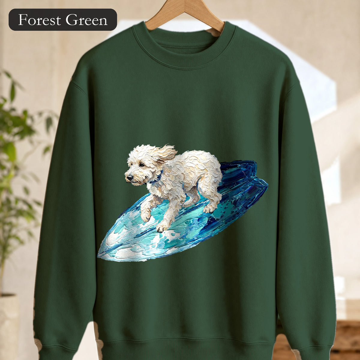 Surfing Dog Shirt, Painterly Surf Dog Tee, Beach Coastal Dog Lover Gift, Summer Ocean Dog Mom Sweatshirt