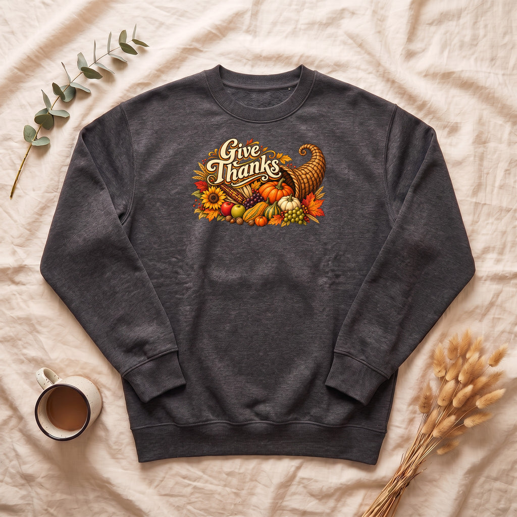 Give Thanks cornucopia Sweatshirt | Thanksgiving fall harvest crewneck