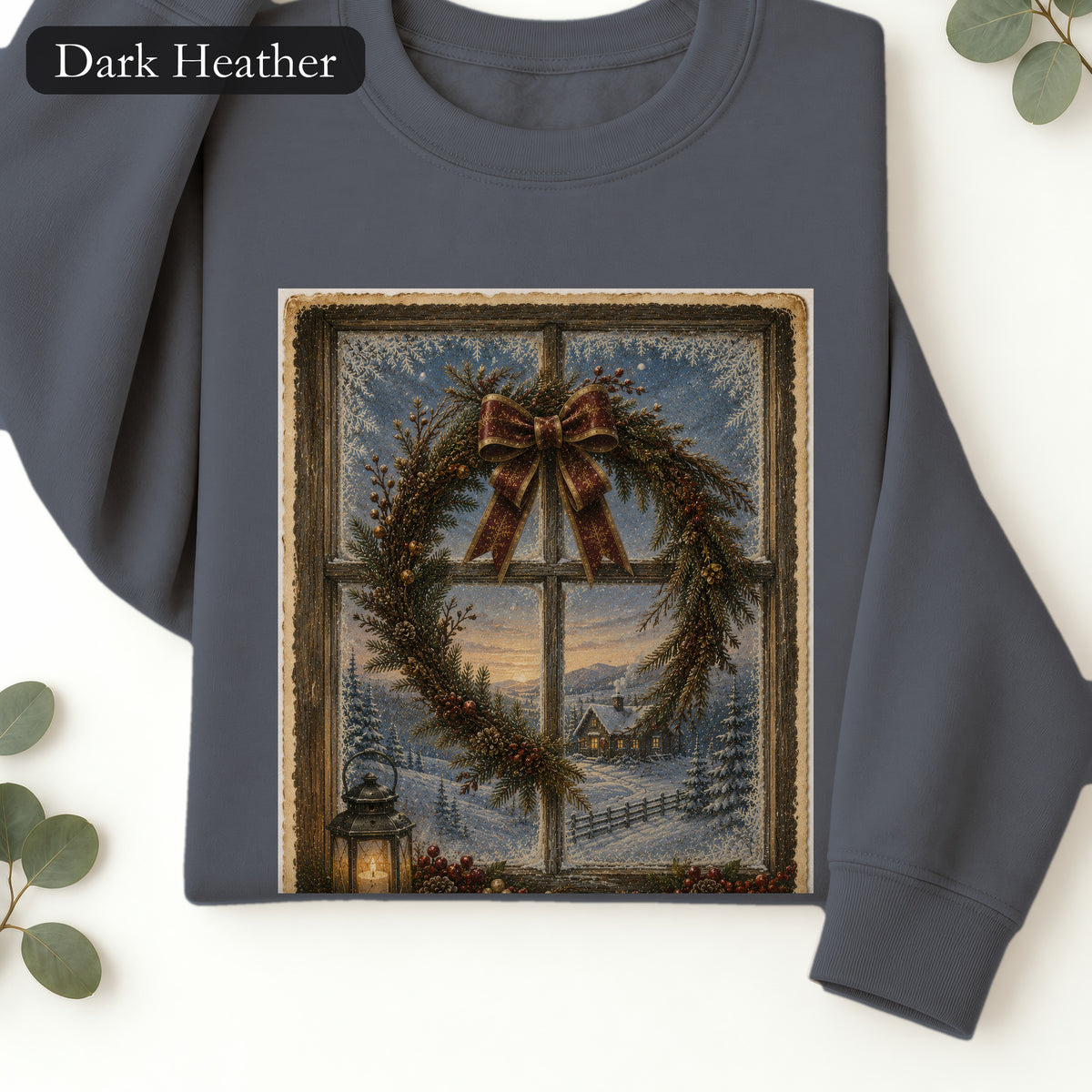 Winter Wreath Window Crewneck Sweatshirt | Vintage Christmas Scene