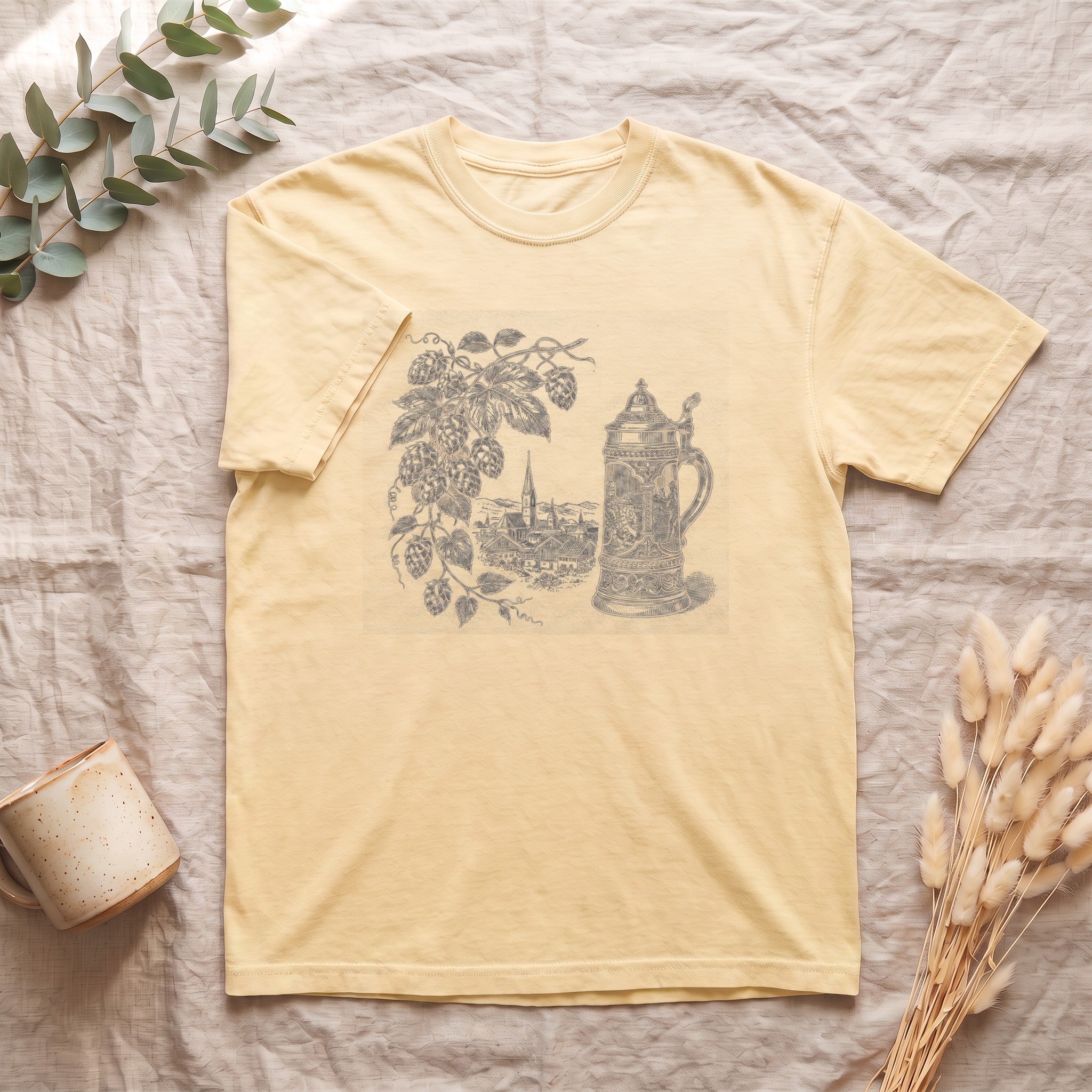 Vintage Beer Stein Illustration Shirt | Hops Vine Scenic Design