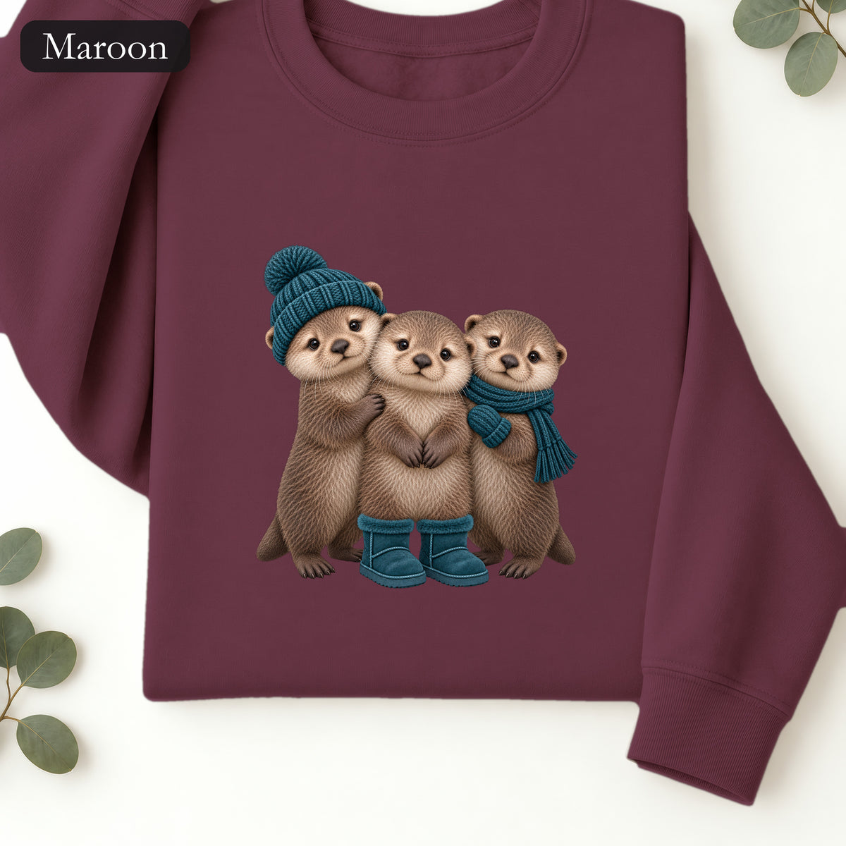 Three Otters Wearing Winter Hats Boots sweatshirt | Cute Otter Trio Design