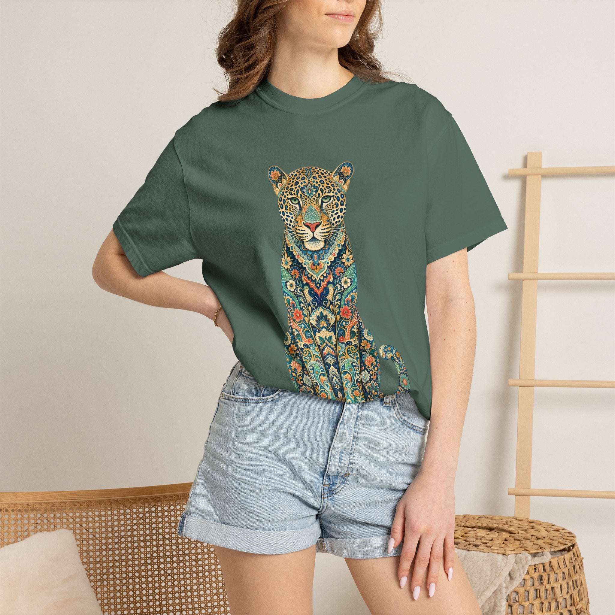Boho Leopard Shirt, Folk Art Leopard Tee, Japanese Pattern Big Cat Lover Gift, Vintage Floral Leopard Sweatshirt