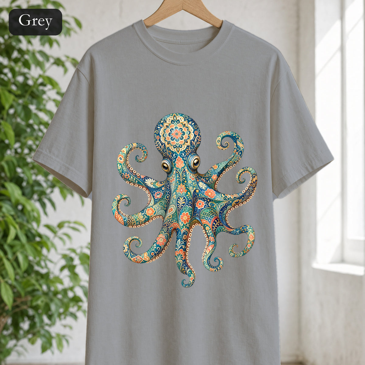 Boho Octopus Shirt, Folk Art Octopus Tee, Japanese Pattern Ocean Lover Gift, Vintage Floral Octopus Sweatshirt