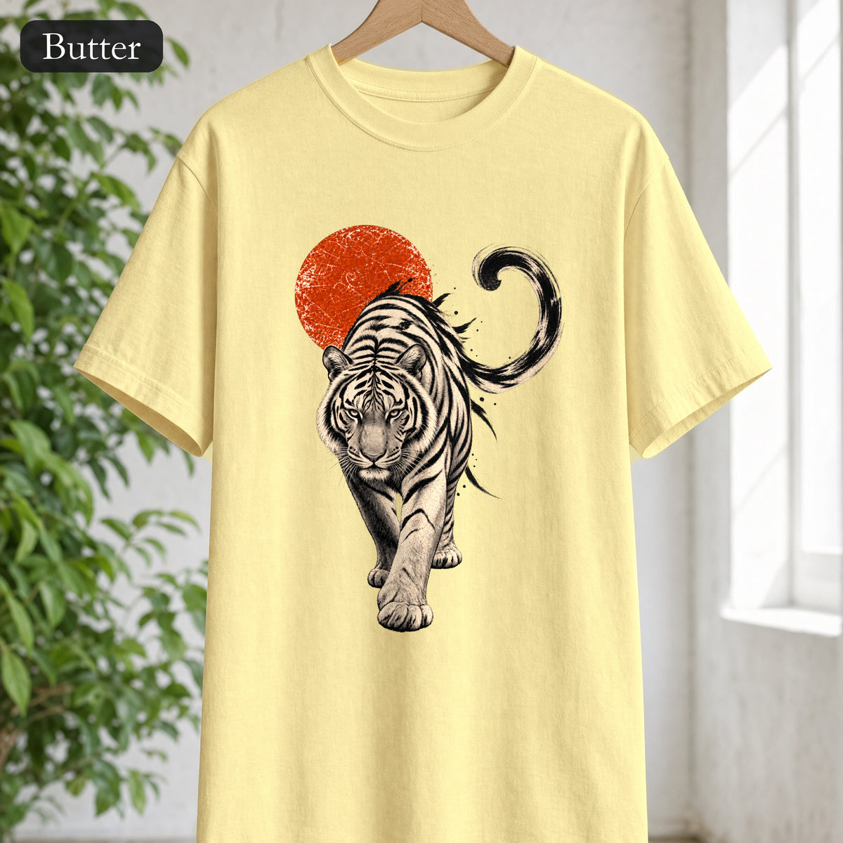 White Tiger with Red Sun Shirt, Japanese Woodblock Tiger Tee, Red Sun Graphic Gift, Asian Art T-Shirt