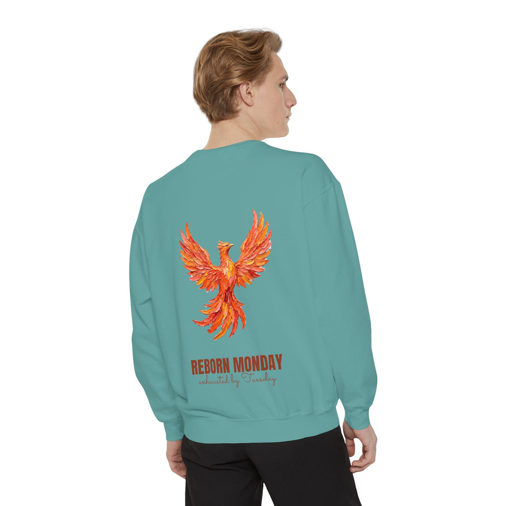 Reborn Monday Exhausted by Tuesday Shirt, Funny Phoenix Tee, Work Week Humor Gift, Painterly Fantasy Sweatshirt