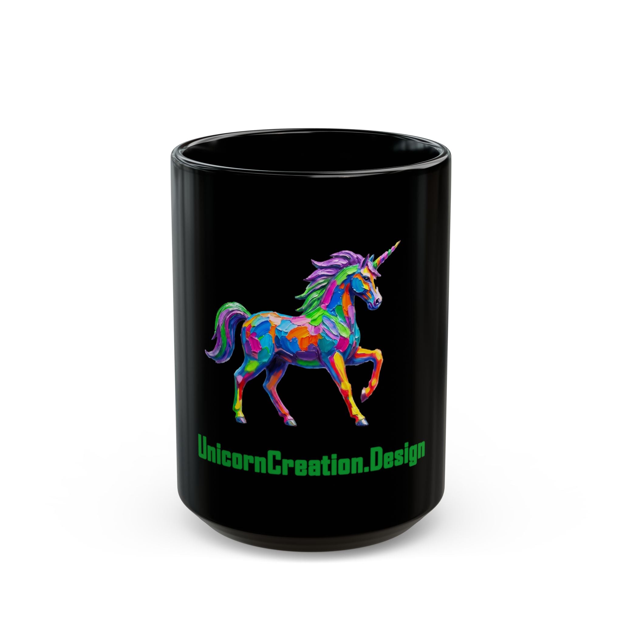 Black 15 oz coffee mug wrapped with a colorful painterly rainbow unicorn