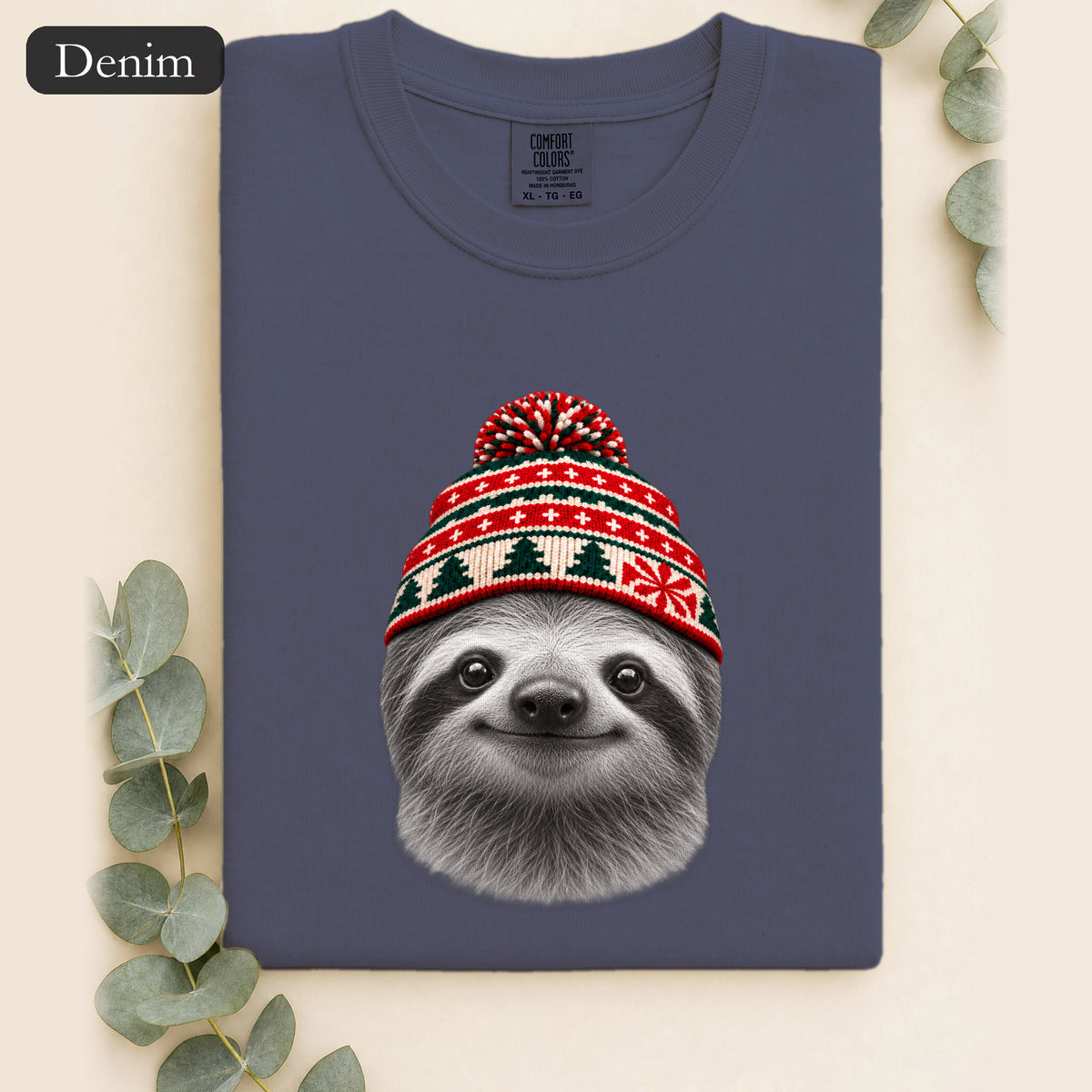 Sloth Wearing Christmas Knit Beanie | Cozy Winter Animal Tee