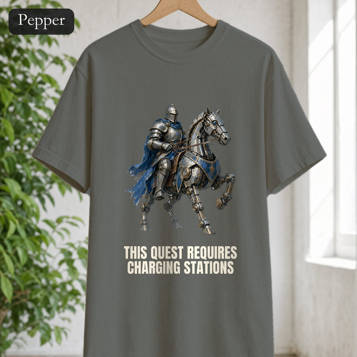 This Quest Requires Charging Stations Shirt, Knight Robot Horse Tee, Funny Gamer Tech Gift, Sci-Fi Fantasy Sweatshirt