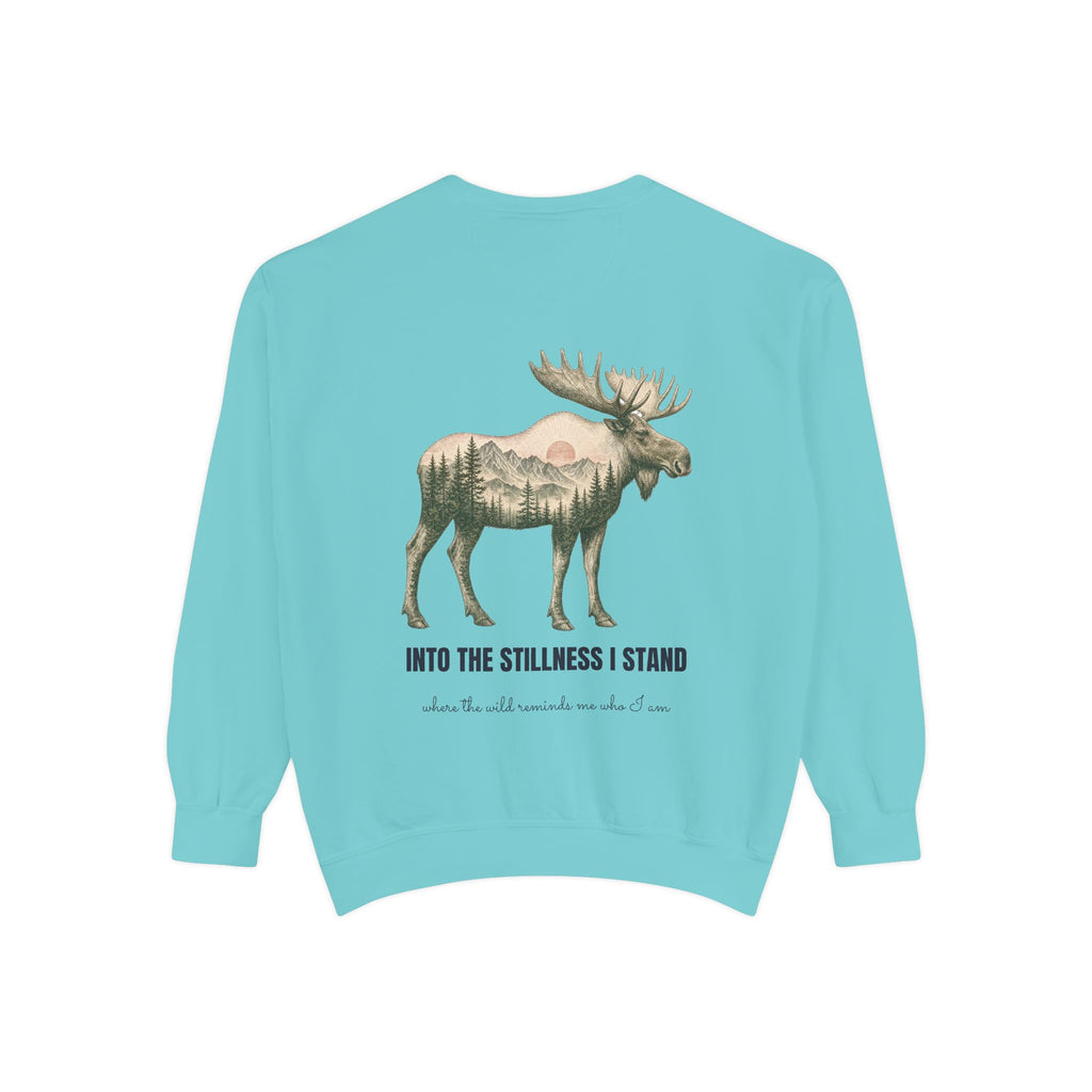 Into the Stillness I Stand Shirt, Moose Double Exposure Tee, Mountain Wilderness Camping Gift, Woodland Nature Sweatshirt
