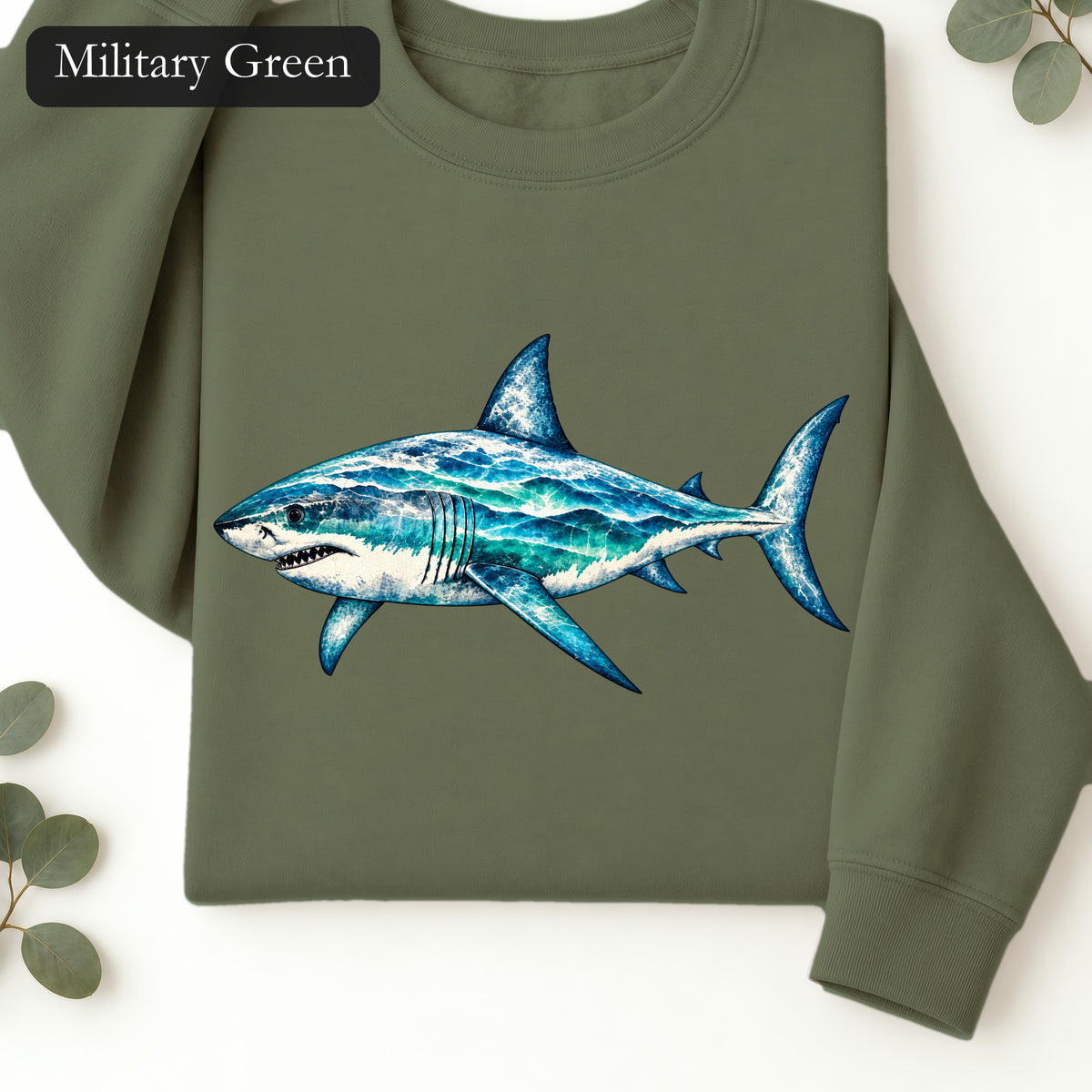 Blue Watercolor Shark Crewneck Sweatshirt | Ocean Fish Illustration