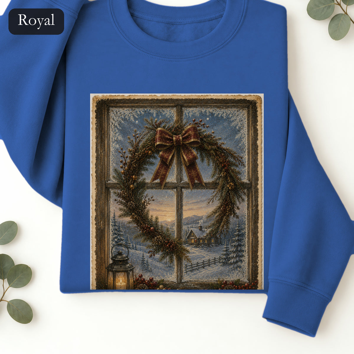 Winter Wreath Window Crewneck Sweatshirt | Vintage Christmas Scene