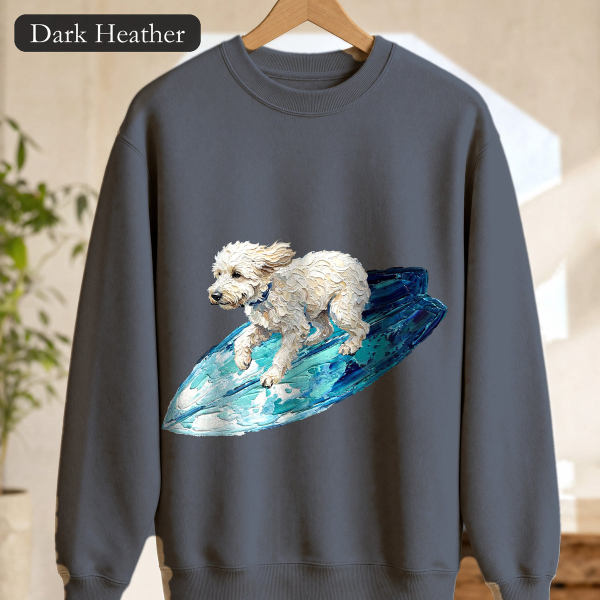 Surfing Dog Shirt, Painterly Surf Dog Tee, Beach Coastal Dog Lover Gift, Summer Ocean Dog Mom Sweatshirt