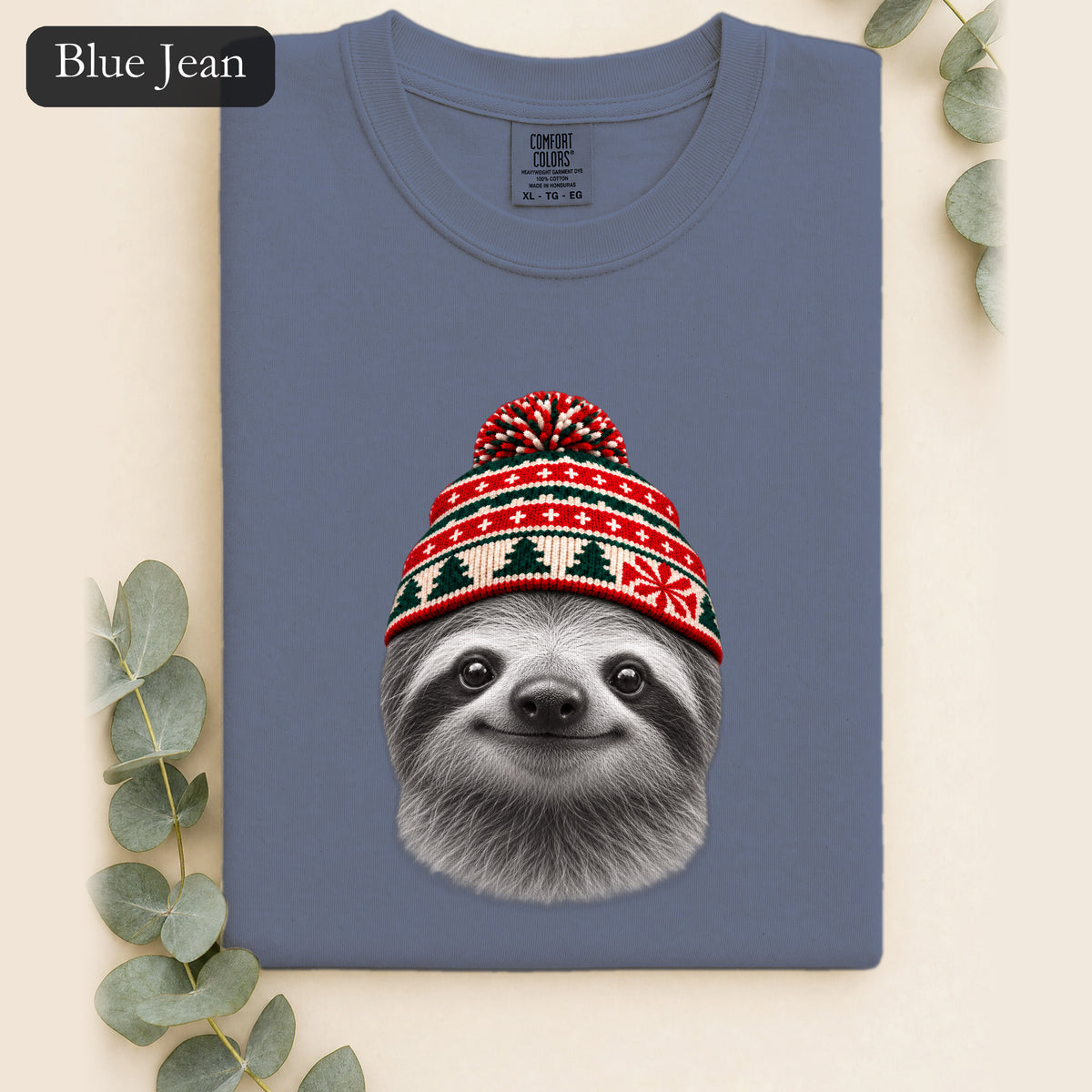 Sloth Wearing Christmas Knit Beanie | Cozy Winter Animal Tee