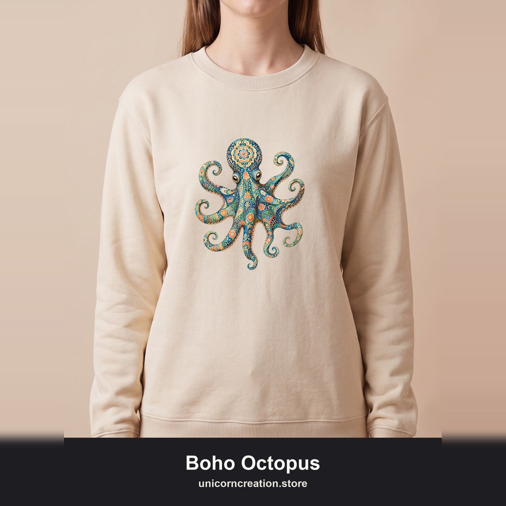 Boho Octopus Shirt, Folk Art Octopus Tee, Japanese Pattern Ocean Lover Gift, Vintage Floral Octopus Sweatshirt
