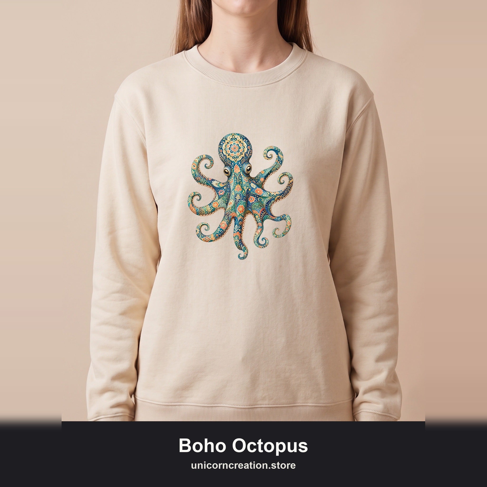 Boho Octopus Shirt, Folk Art Octopus Tee, Japanese Pattern Ocean Lover Gift, Vintage Floral Octopus Sweatshirt