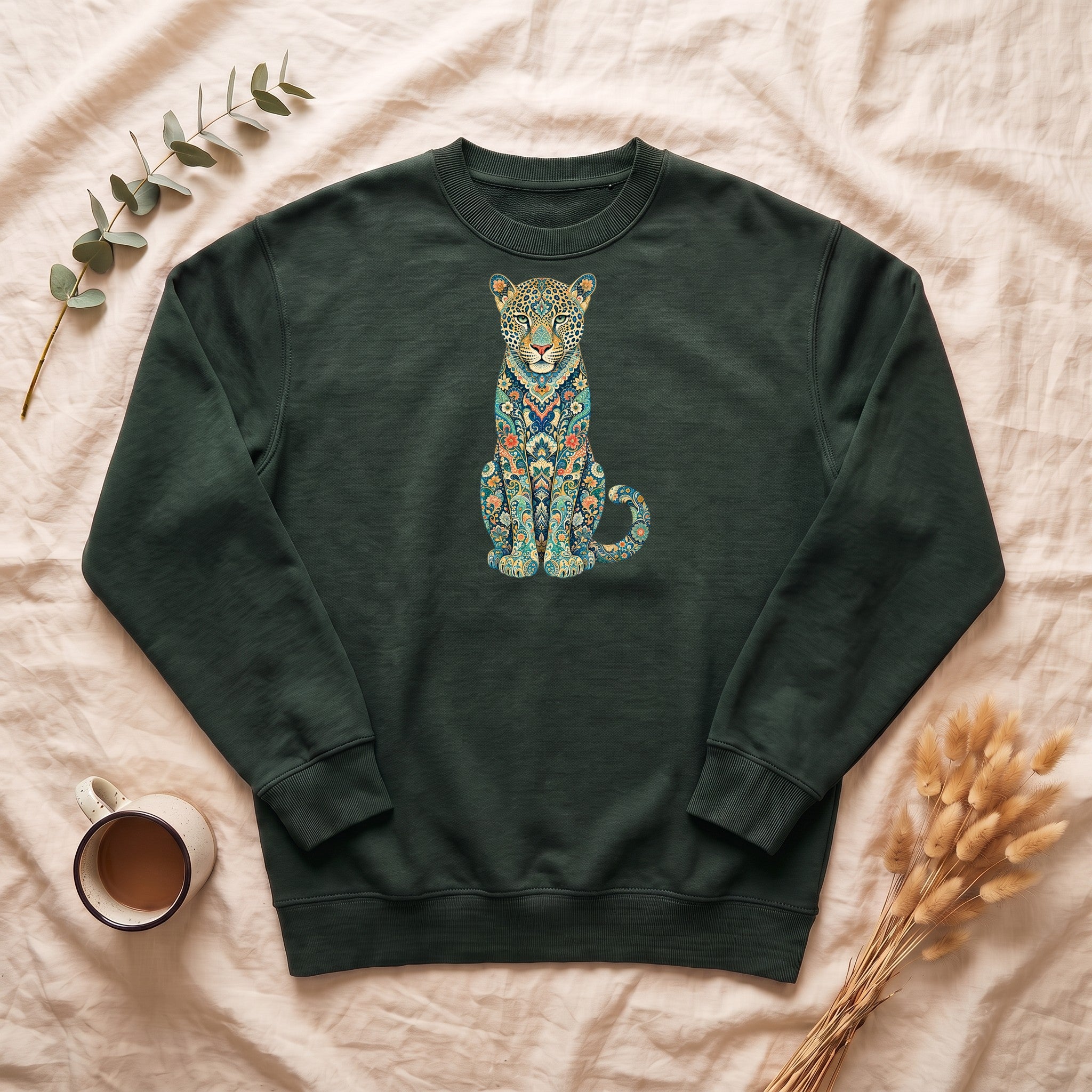Boho Leopard Shirt, Folk Art Leopard Tee, Japanese Pattern Big Cat Lover Gift, Vintage Floral Leopard Sweatshirt
