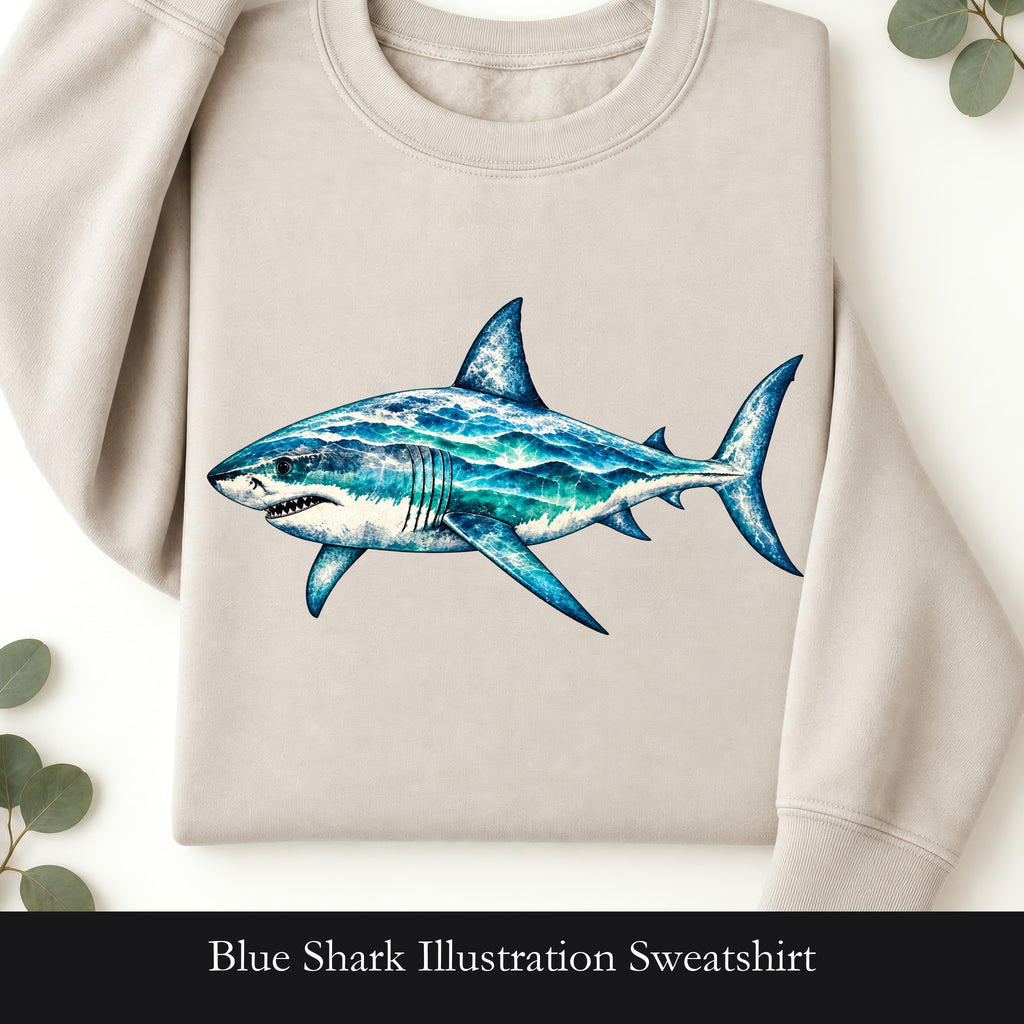 Blue Shark Illustration Sweatshirt | Ocean Marine Art Crewneck
