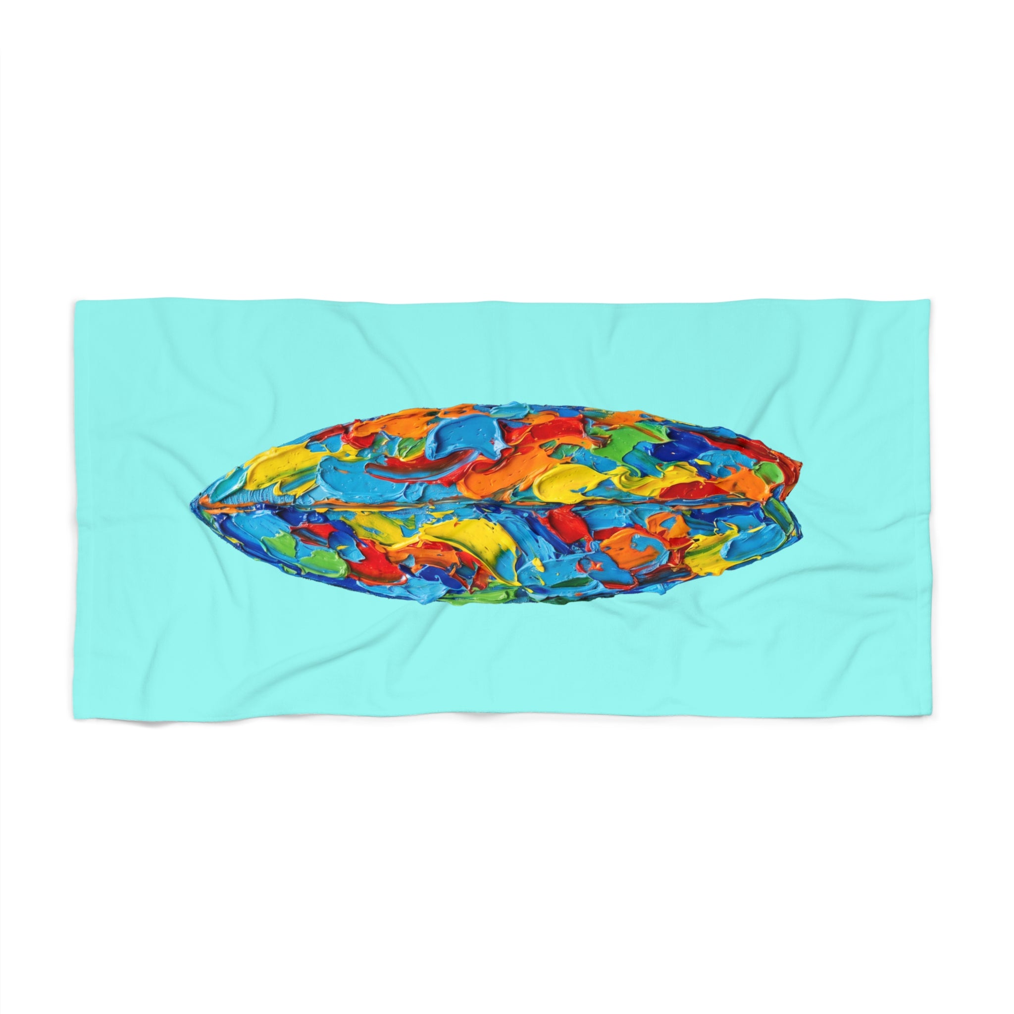 Beach towel printed with a row of painterly oil-painting style surfboards