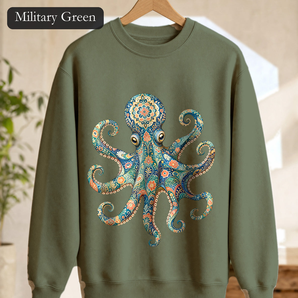 Boho Octopus Shirt, Folk Art Octopus Tee, Japanese Pattern Ocean Lover Gift, Vintage Floral Octopus Sweatshirt