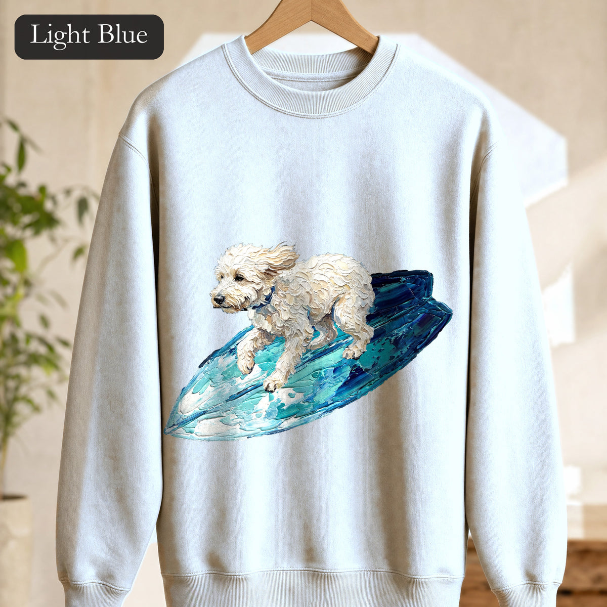 Surfing Dog Shirt, Painterly Surf Dog Tee, Beach Coastal Dog Lover Gift, Summer Ocean Dog Mom Sweatshirt