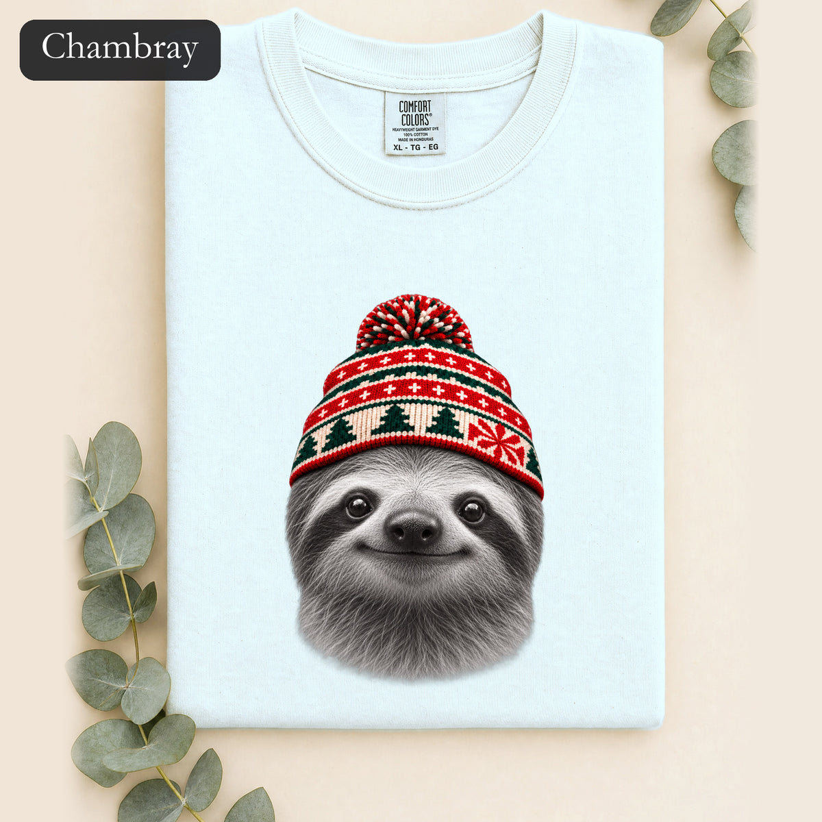 Sloth Wearing Christmas Knit Beanie | Cozy Winter Animal Tee