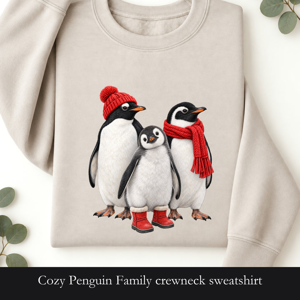 Cozy Penguin Family crewneck sweatshirt | penguin trio with hats and scarf