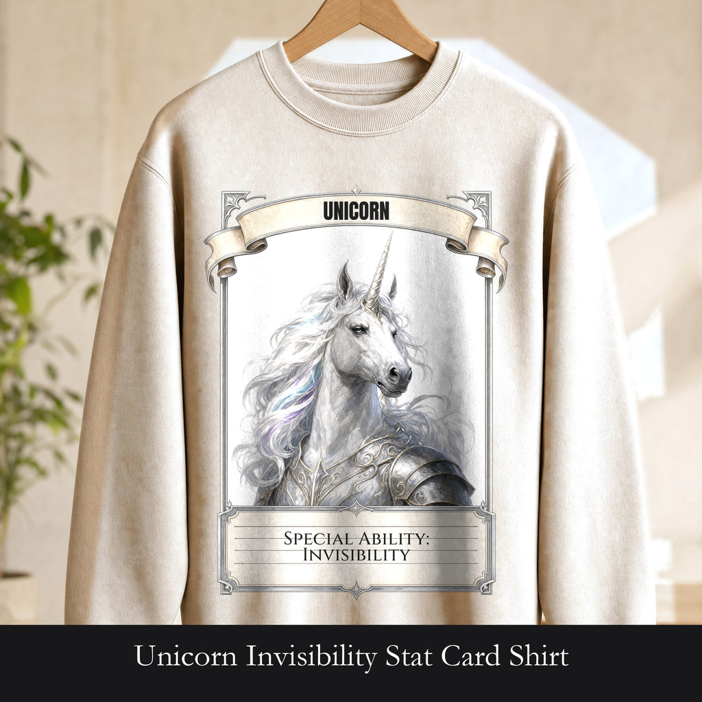 Unicorn Invisibility Stat Card Shirt, Funny RPG Gamer Tee, Tabletop D20 Fantasy Gift, Dungeon Dice Sweatshirt
