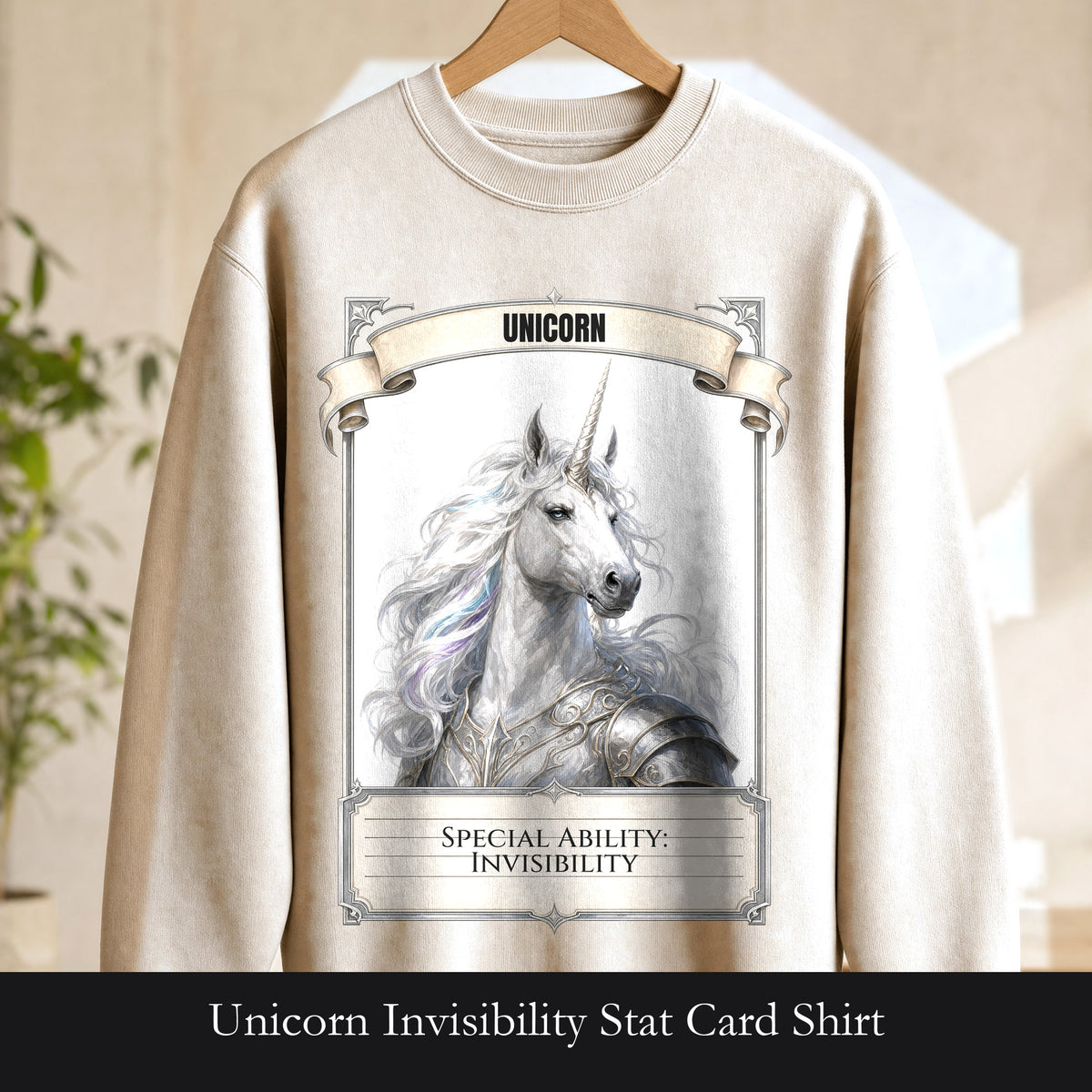 Unicorn Invisibility Stat Card Shirt, Funny RPG Gamer Tee, Tabletop D20 Fantasy Gift, Dungeon Dice Sweatshirt