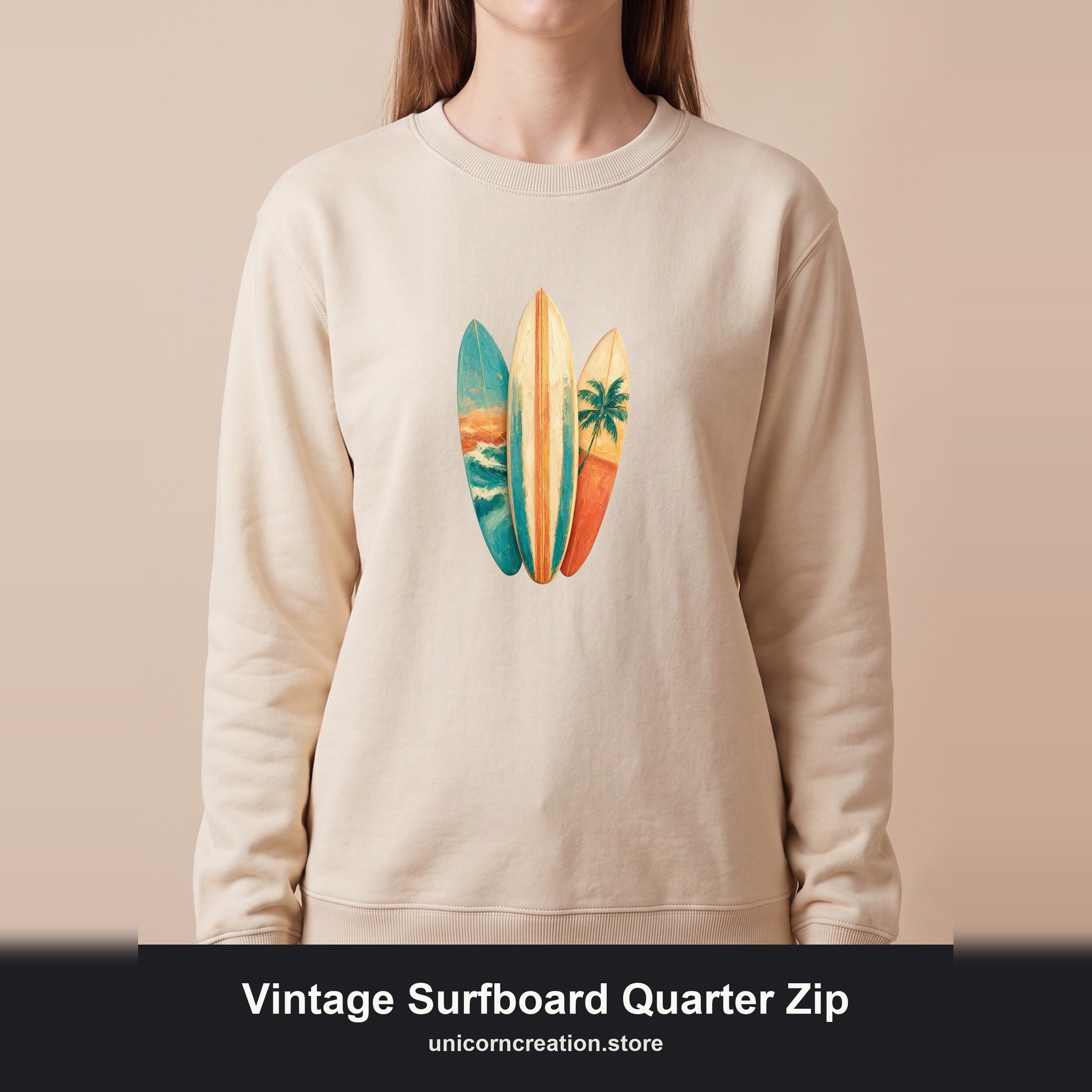 Vintage Surfboard Quarter Zip, Painterly Surf Art Pullover, Beach Coastal Surfer Gift, Summer Ocean Sweatshirt