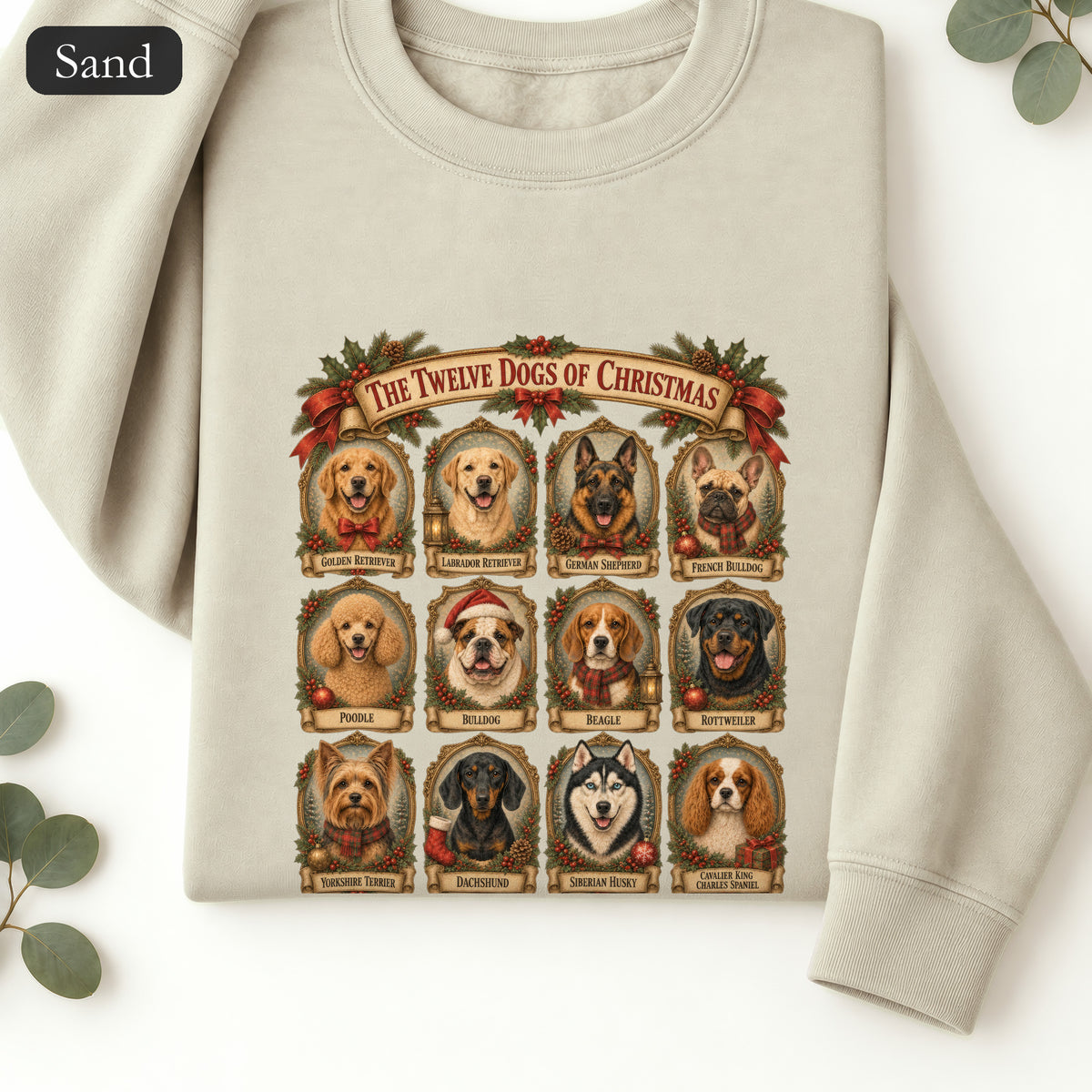 Twelve Dogs of Christmas Sweatshirt | Vintage Dog Portraits Holiday