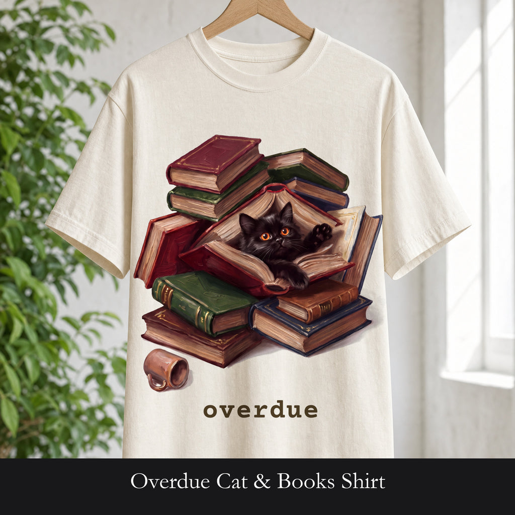 Overdue Cat & Books Shirt, Funny Librarian Tee, Bookworm Book Lover Tee, Library Staff Reader Gift