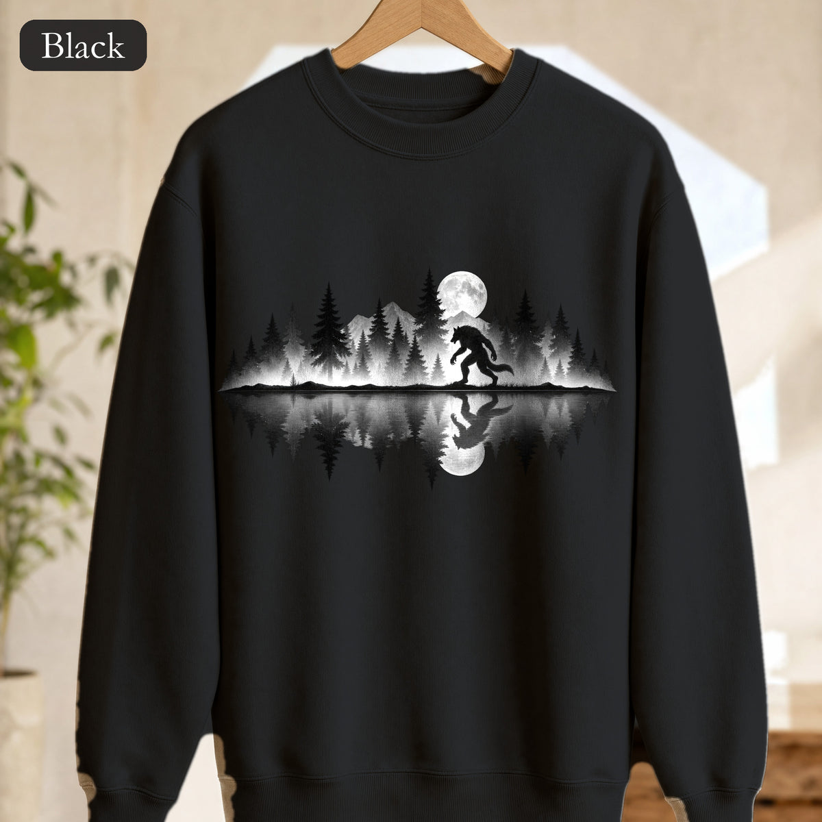 Werewolf Silhouette Moonlight Forest Sweatshirt | Werewolf Lake Reflection