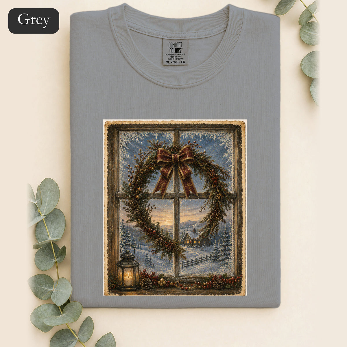 Winter Wreath Window Scene Shirt | Vintage Holiday Postcard