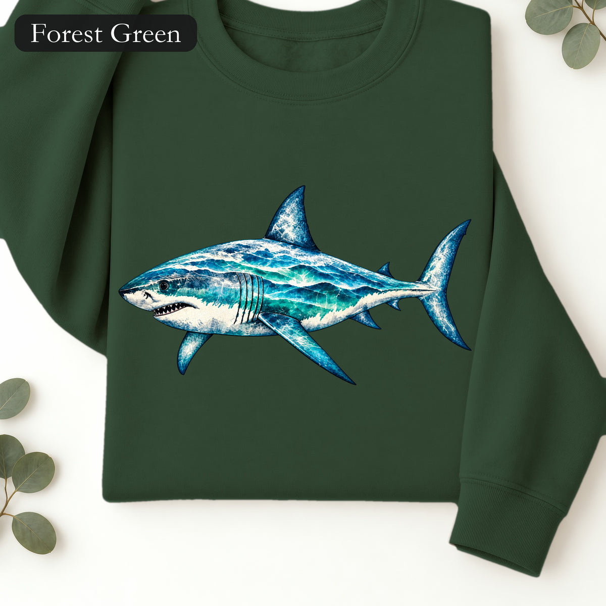 Blue Watercolor Shark Crewneck Sweatshirt | Ocean Fish Illustration