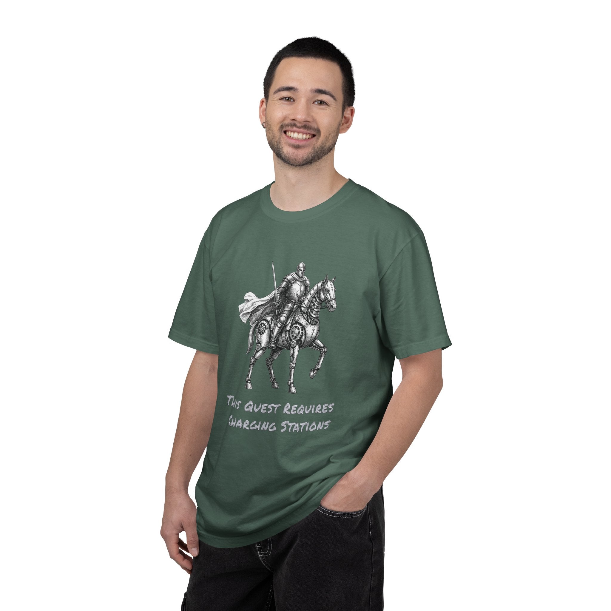 Knight & Robot Steed T-Shirt — This Quest Requires Charging Stations