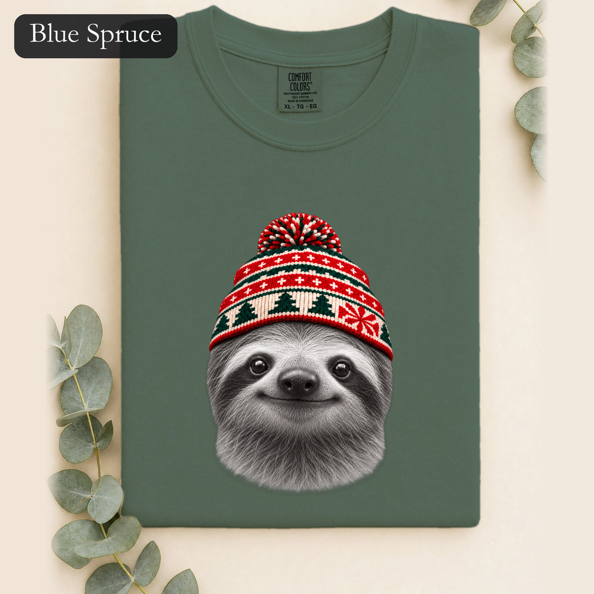 Sloth Wearing Christmas Knit Beanie | Cozy Winter Animal Tee