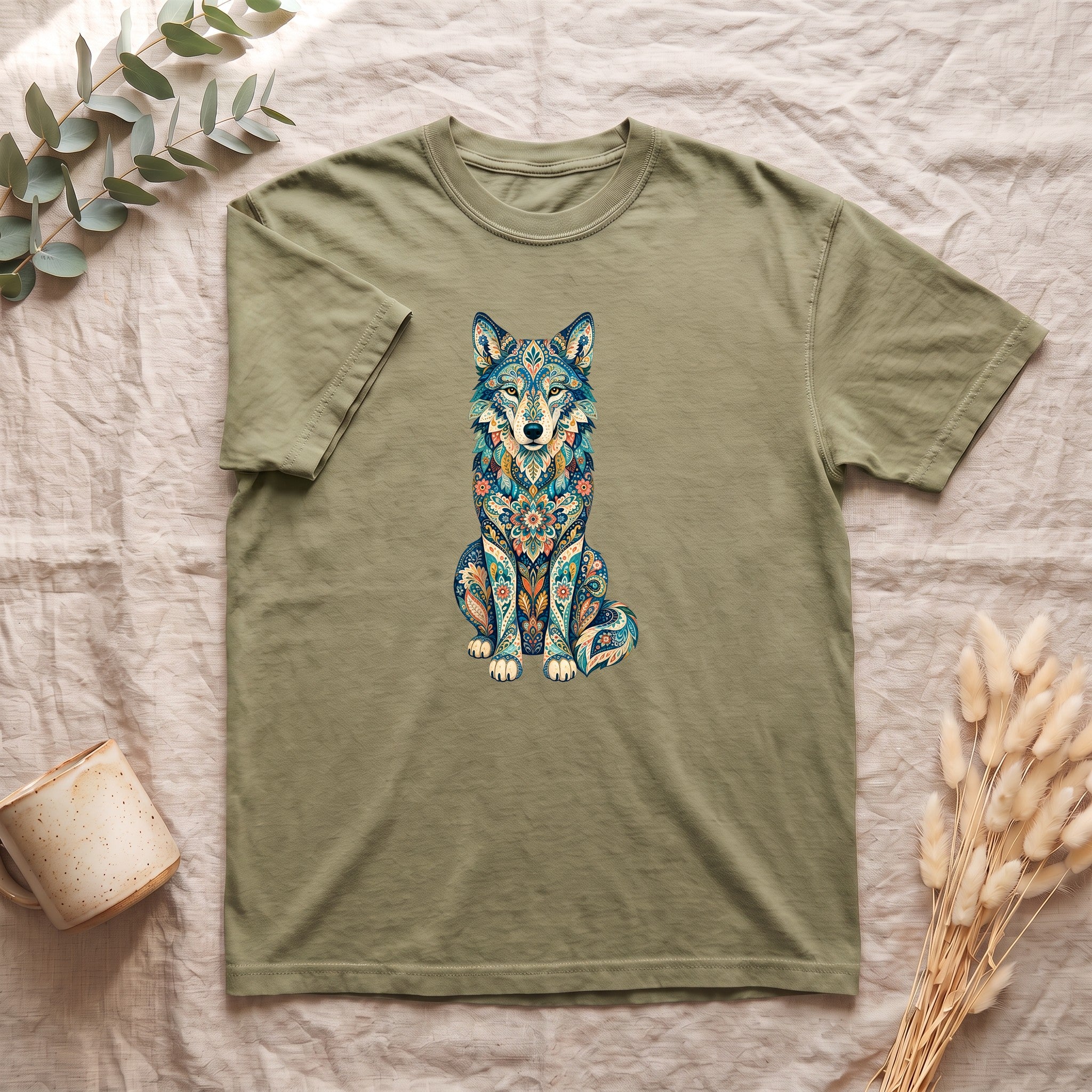 Boho Wolf Shirt, Folk Art Wolf Tee, Japanese Pattern Wolf Lover Gift, Vintage Floral Wolf Sweatshirt
