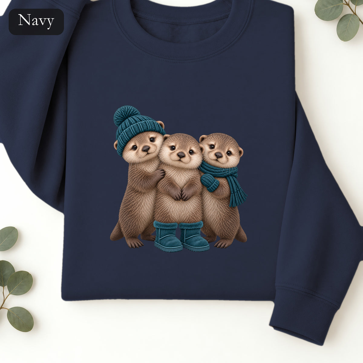 Three Otters Wearing Winter Hats Boots sweatshirt | Cute Otter Trio Design